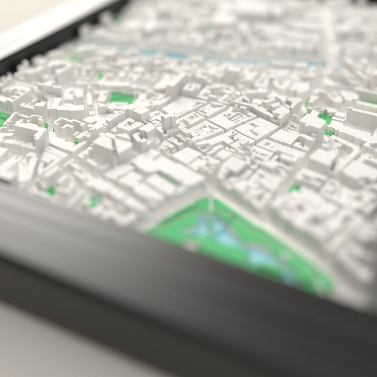 3D Dublin Map Framed - Close-up across the 3D Dublin map showing the raised streets and buildings