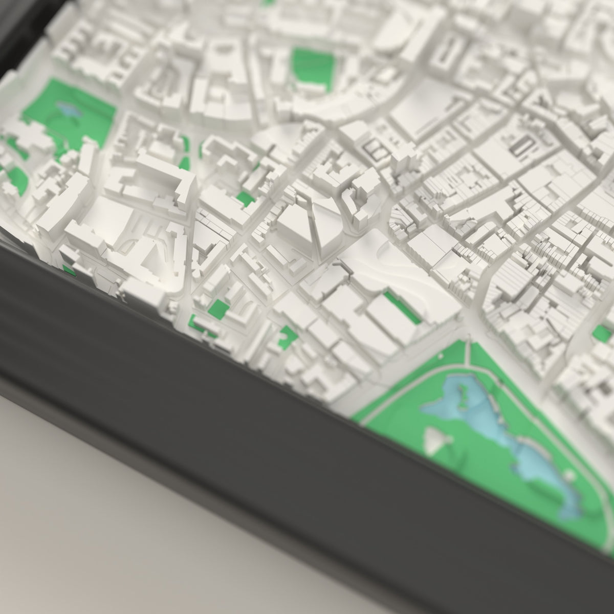 3D Dublin Map Framed - Close-up of the raised streets of Dublin on the 3D printed map