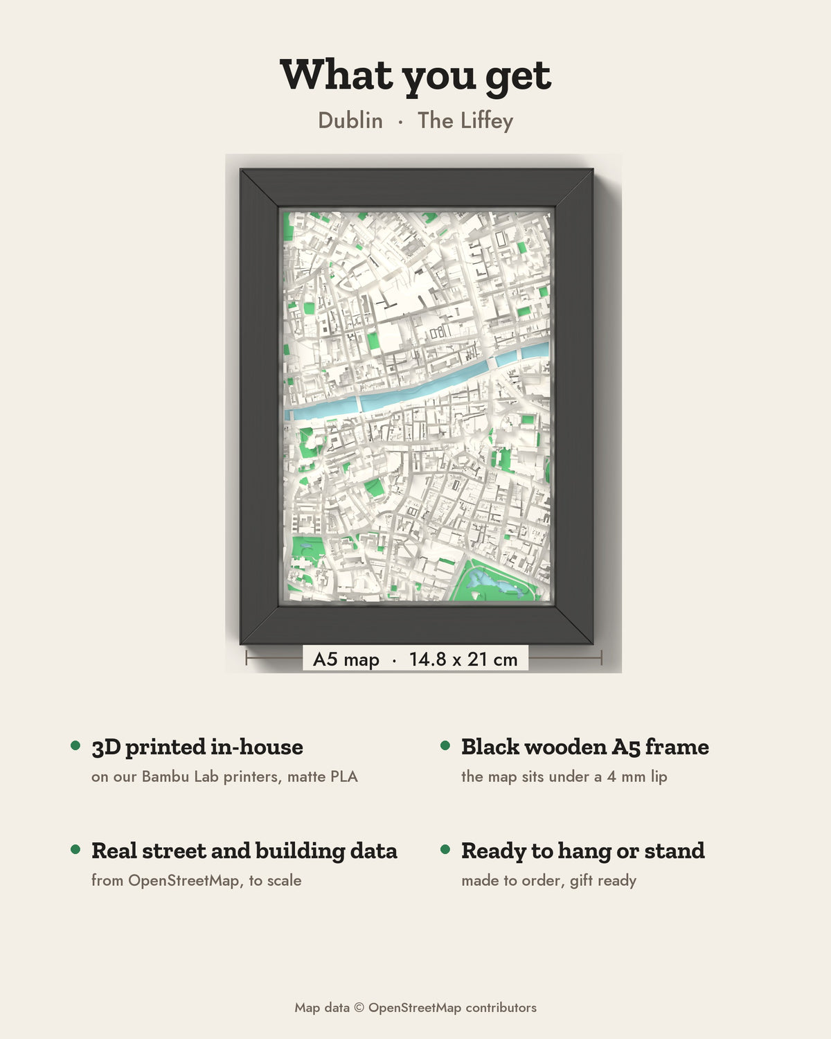 3D Dublin Map Framed - What you get: A5 3D city map, 14.8 x 21 cm, in a black wooden frame