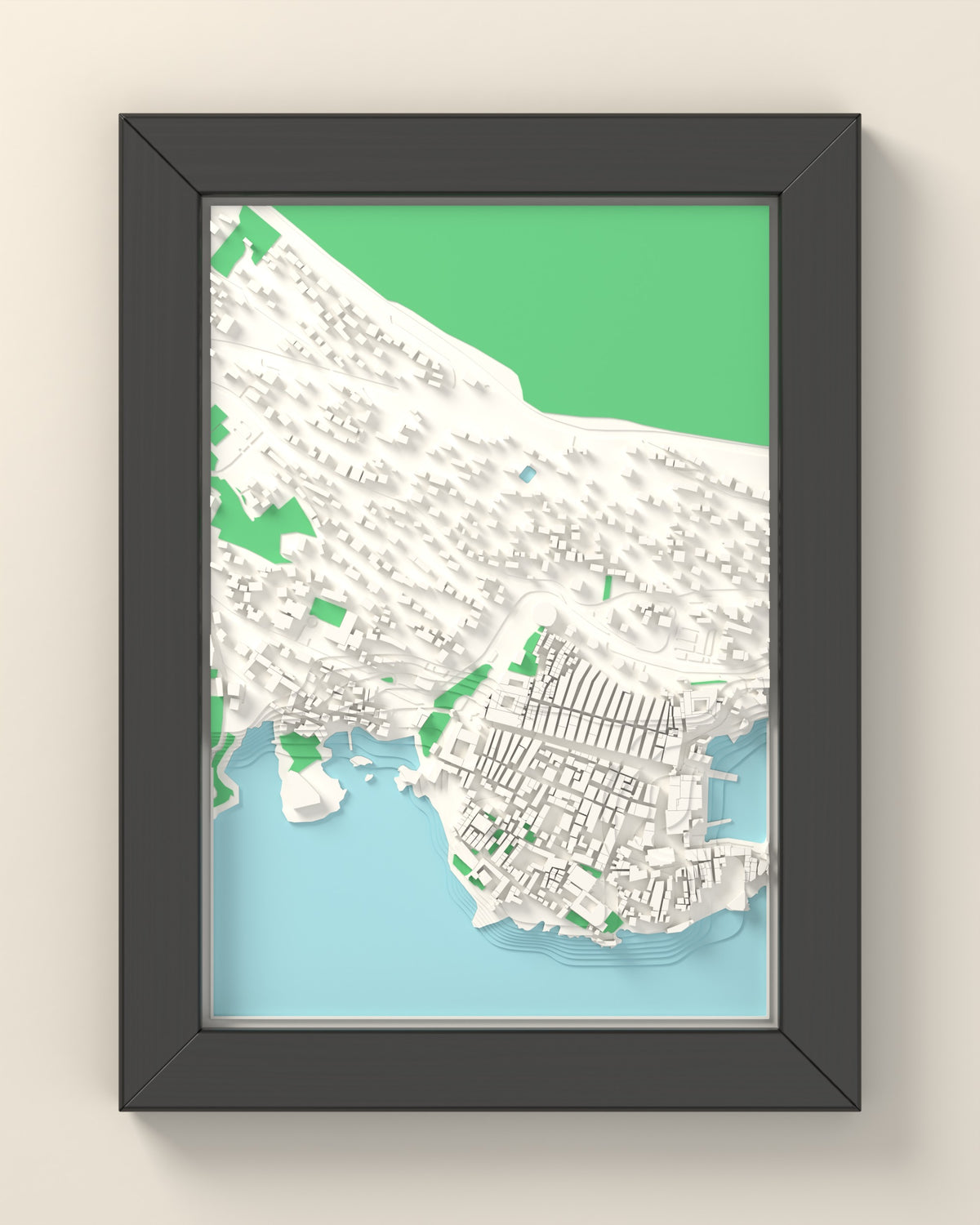 3D Dubrovnik Map Framed - 3D printed Dubrovnik map in a black wooden A5 frame, lit from the side