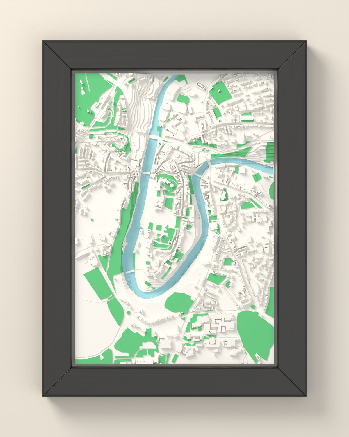 3D Durham Map Framed - 3D printed Durham map in a black wooden A5 frame, lit from the side