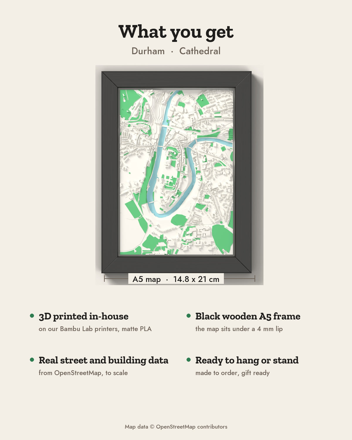 3D Durham Map Framed - What you get: A5 3D city map, 14.8 x 21 cm, in a black wooden frame