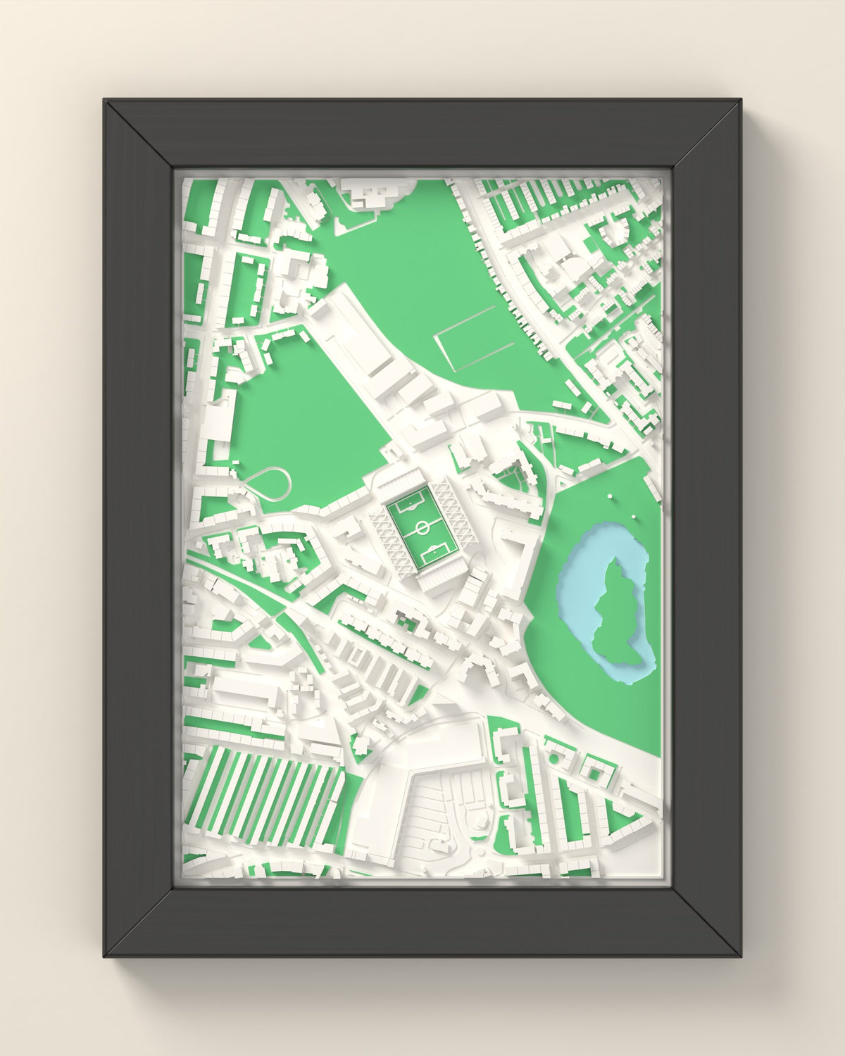 3D Easter Road Map Framed - 3D printed Easter Road map in a black wooden A5 frame, lit from the side