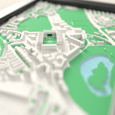 3D Easter Road Map Framed - Close-up across the 3D map showing the Easter Road stands and green pitch standing up from the streets