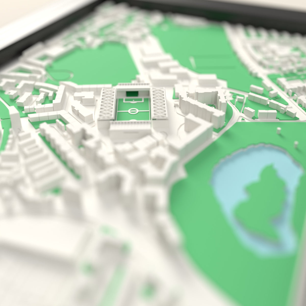 3D Easter Road Map Framed - Close-up across the 3D map showing the Easter Road stands and green pitch standing up from the streets