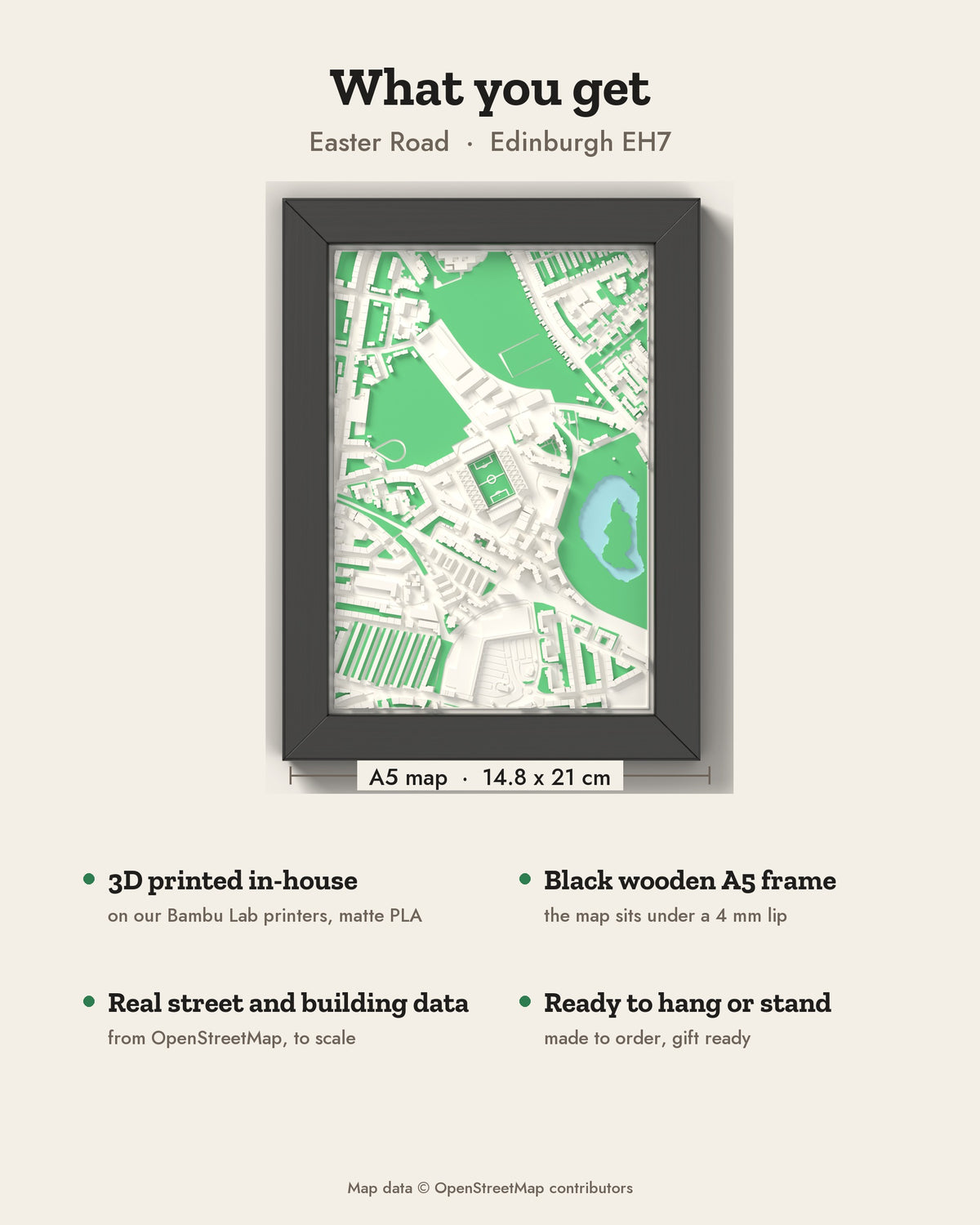 3D Easter Road Map Framed - What you get: A5 3D stadium map, 14.8 x 21 cm, in a black wooden frame