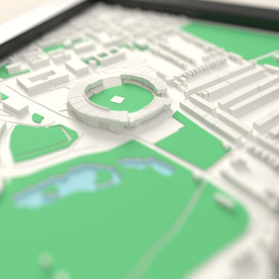 3D Edgbaston Cricket Ground Map Framed - Close-up across the 3D map: the Edgbaston stands around the green outfield standing up from the streets