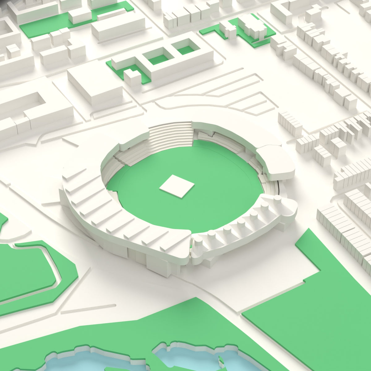 3D Edgbaston Cricket Ground Map Framed - Edgbaston on the 3D printed map, seen from above the corner of the ground