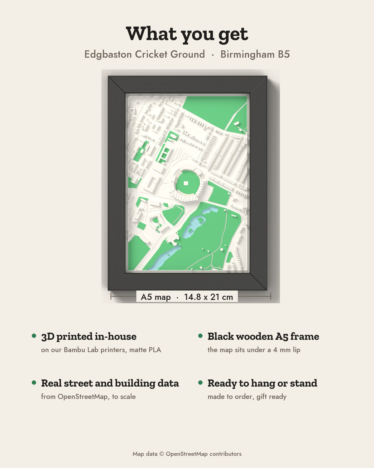 3D Edgbaston Cricket Ground Map Framed - What you get: A5 3D map, 14.8 x 21 cm, in a black wooden frame