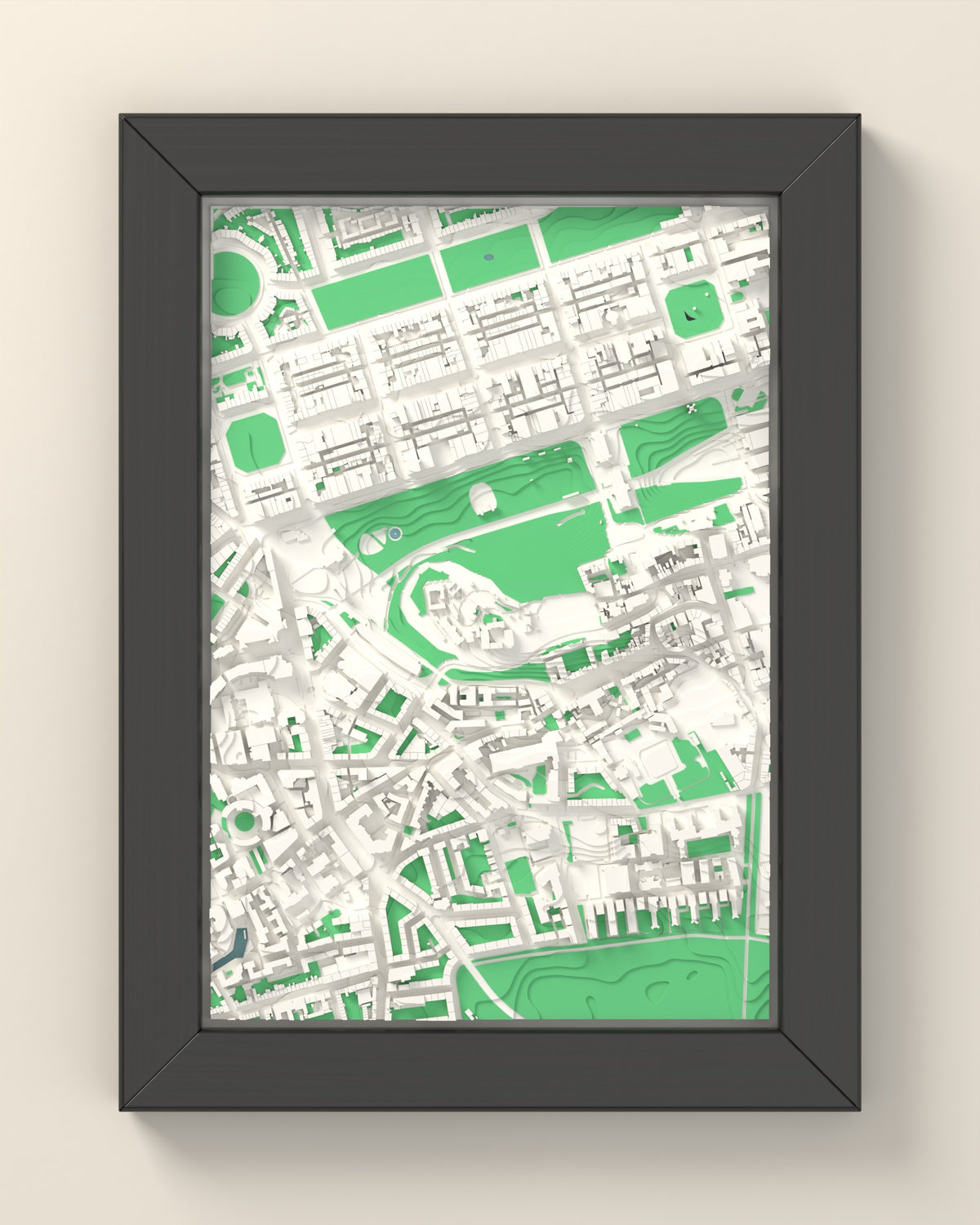 3D Edinburgh Map Framed - 3D printed Edinburgh map in a black wooden A5 frame, lit from the side