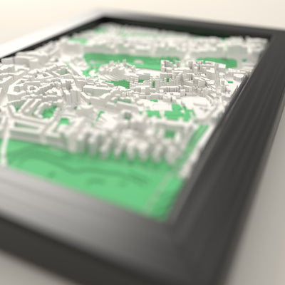 3D Edinburgh Map Framed - Close-up across the 3D Edinburgh map showing the raised streets and buildings