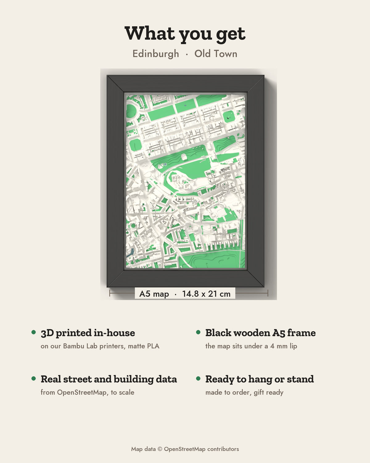 3D Edinburgh Map Framed - What you get: A5 3D city map, 14.8 x 21 cm, in a black wooden frame