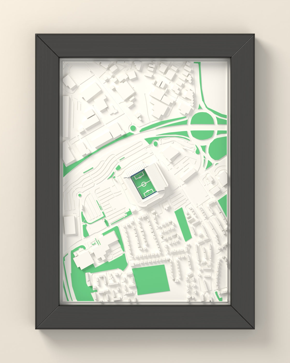 3D Elland Road Map Framed - 3D printed Elland Road map in a black wooden A5 frame, lit from the side