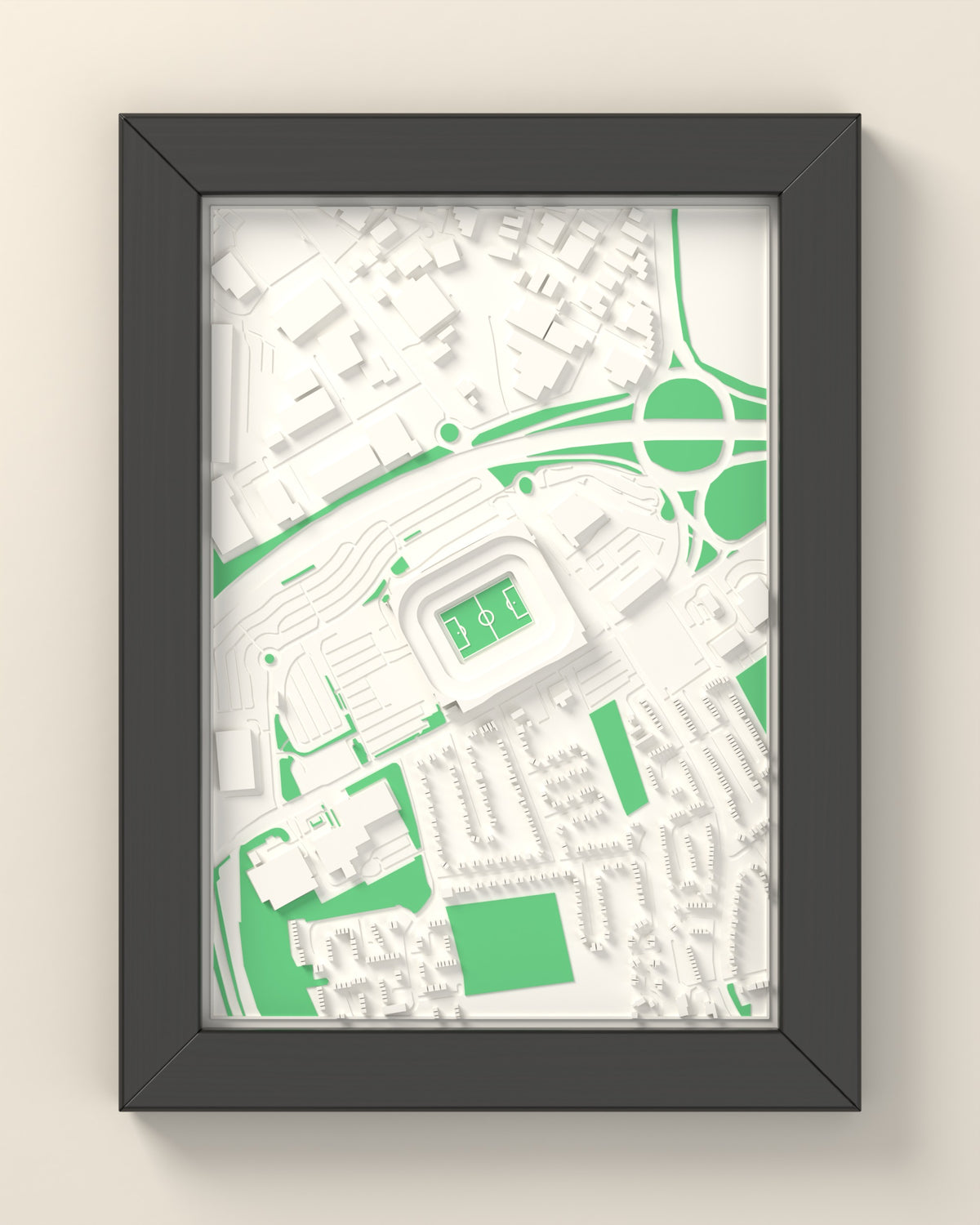 3D Elland Road Map Framed - 3D printed Elland Road map in a black wooden A5 frame, lit from the side