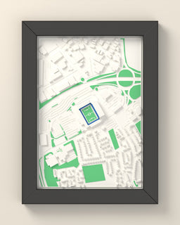 3D Elland Road Map Framed - 3D printed Elland Road map in a black wooden A5 frame, lit from the side