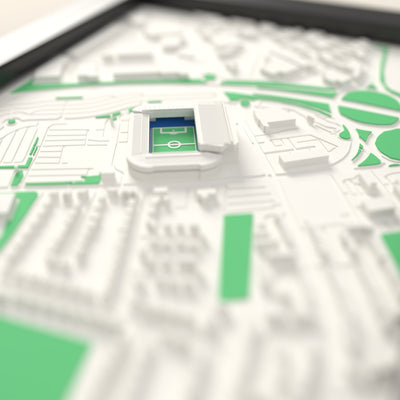 3D Elland Road Map Framed - Close-up across the 3D map: the real Elland Road stands with royal blue seats around the green pitch