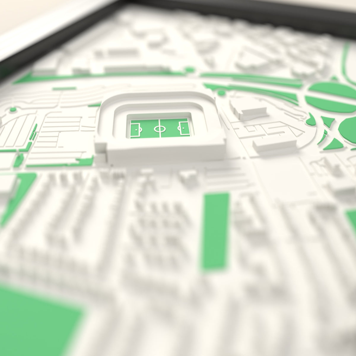 3D Elland Road Map Framed - Close-up across the 3D map showing the Elland Road stands and green pitch standing up from the streets