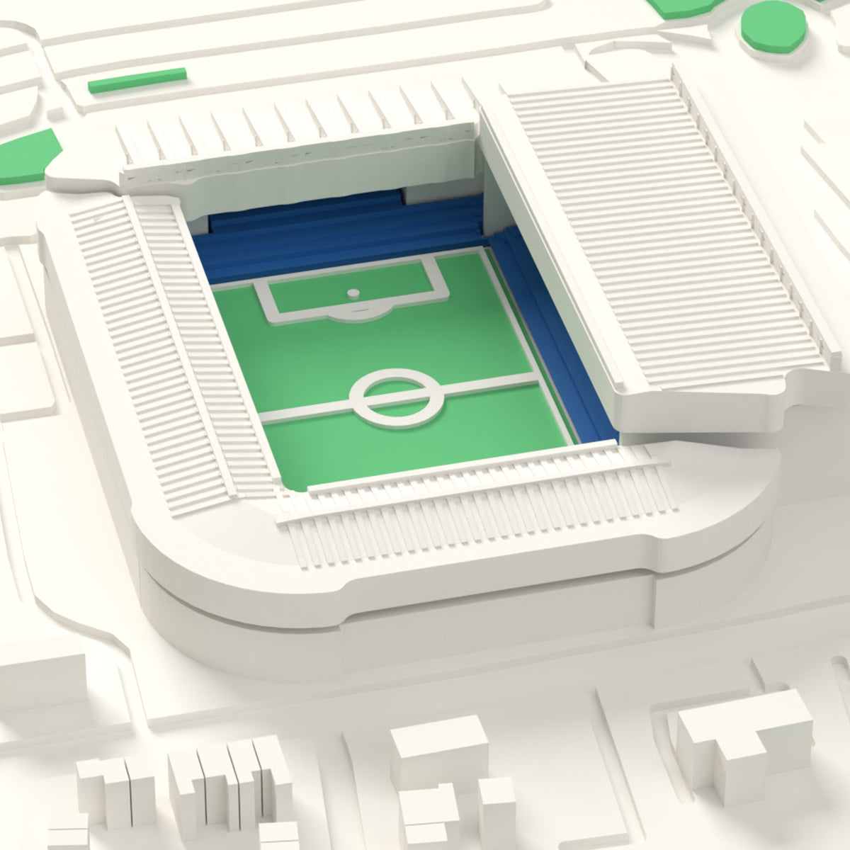 3D Elland Road Map Framed - Close-up of the 3D printed Elland Road: the huge East Stand roof, the Don Revie Stand trusses, the West and South roofs round the corner and blue seats