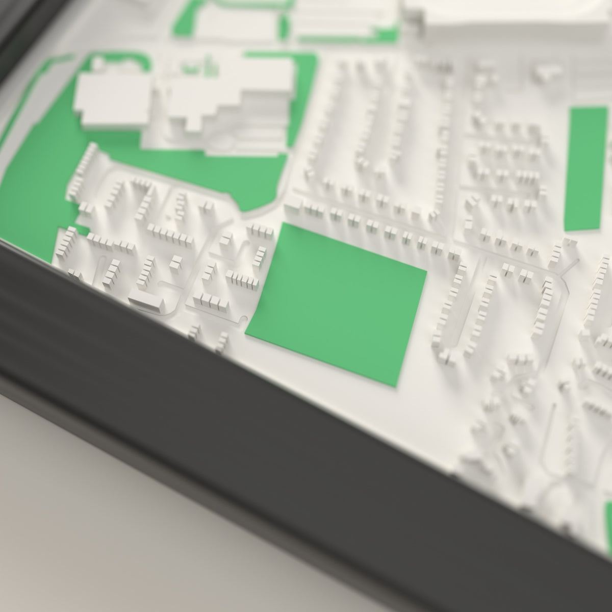3D Elland Road Map Framed - Close-up of the raised streets and buildings around Elland Road on the 3D printed map