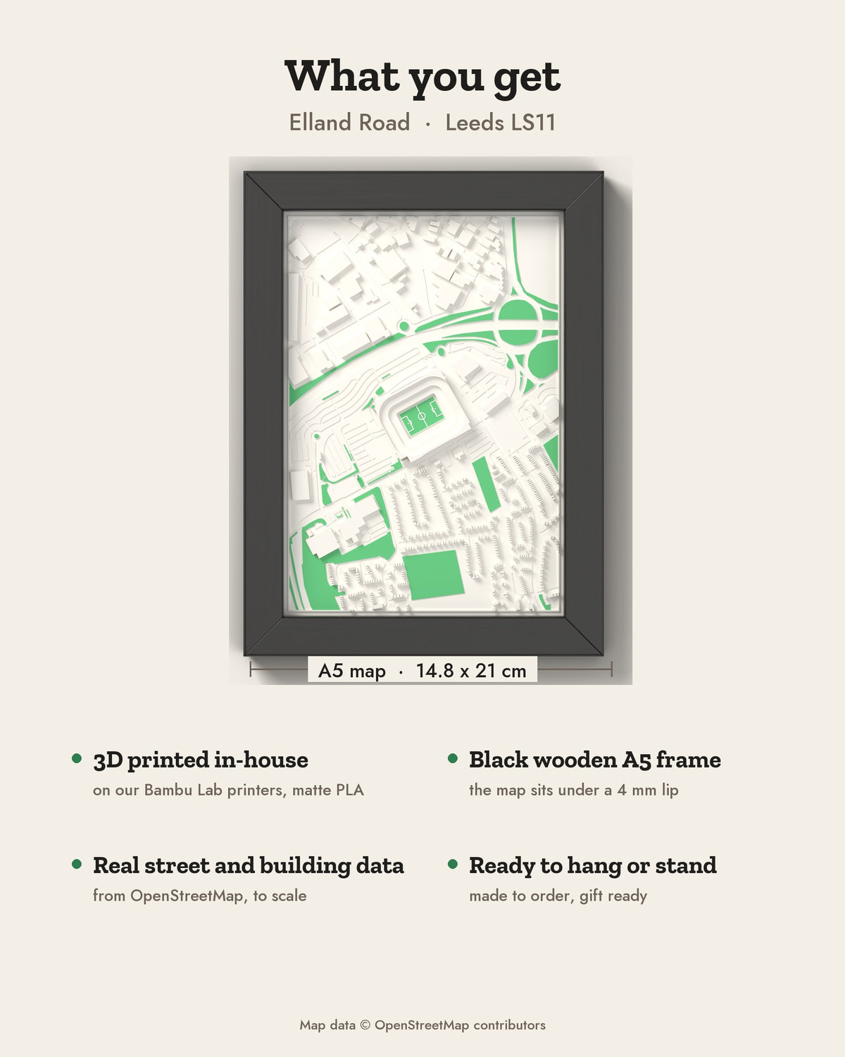 3D Elland Road Map Framed - What you get: A5 3D stadium map, 14.8 x 21 cm, in a black wooden frame
