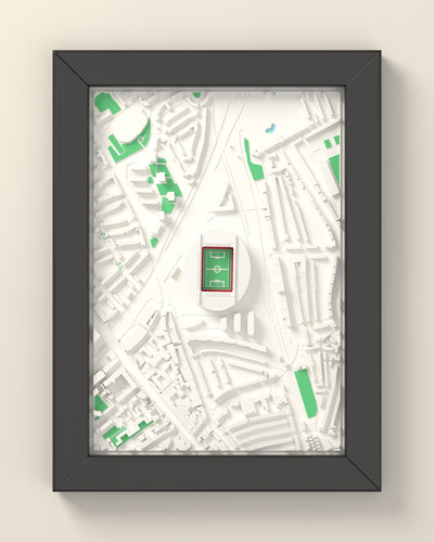 3D Emirates Stadium Map Framed - 3D printed Emirates Stadium map in a black wooden A5 frame, lit from the side