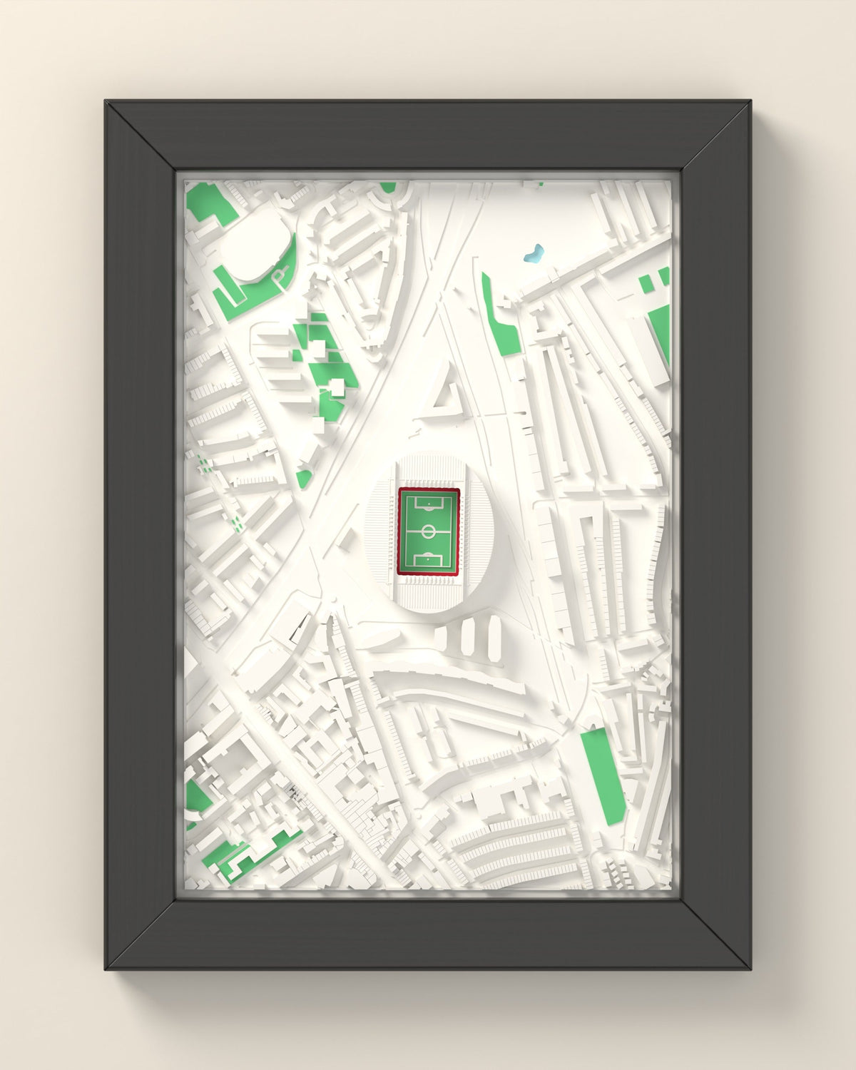 3D Emirates Stadium Map Framed - 3D printed Emirates Stadium map in a black wooden A5 frame, lit from the side