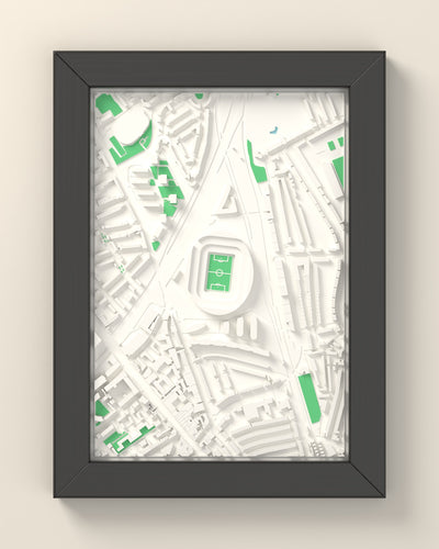 3D Emirates Stadium Map Framed - 3D printed Emirates Stadium map in a black wooden A5 frame, lit from the side