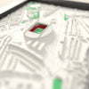 3D Emirates Stadium Map Framed - Close-up across the 3D map showing the Emirates Stadium stands and green pitch standing up from the streets