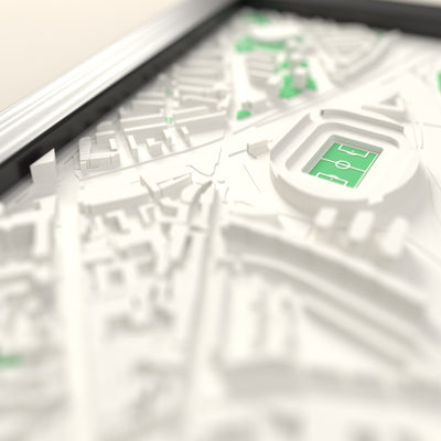 3D Emirates Stadium Map Framed - Close-up across the 3D map showing the Emirates Stadium stands and green pitch standing up from the streets