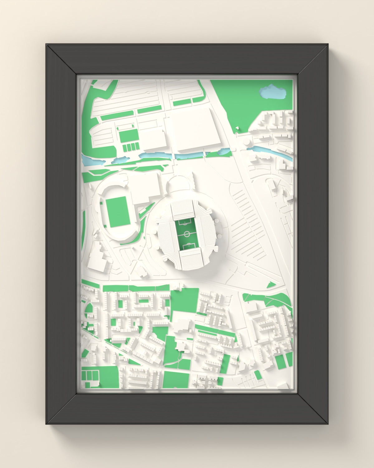 3D Etihad Stadium Map Framed - 3D printed Etihad Stadium map in a black wooden A5 frame, lit from the side