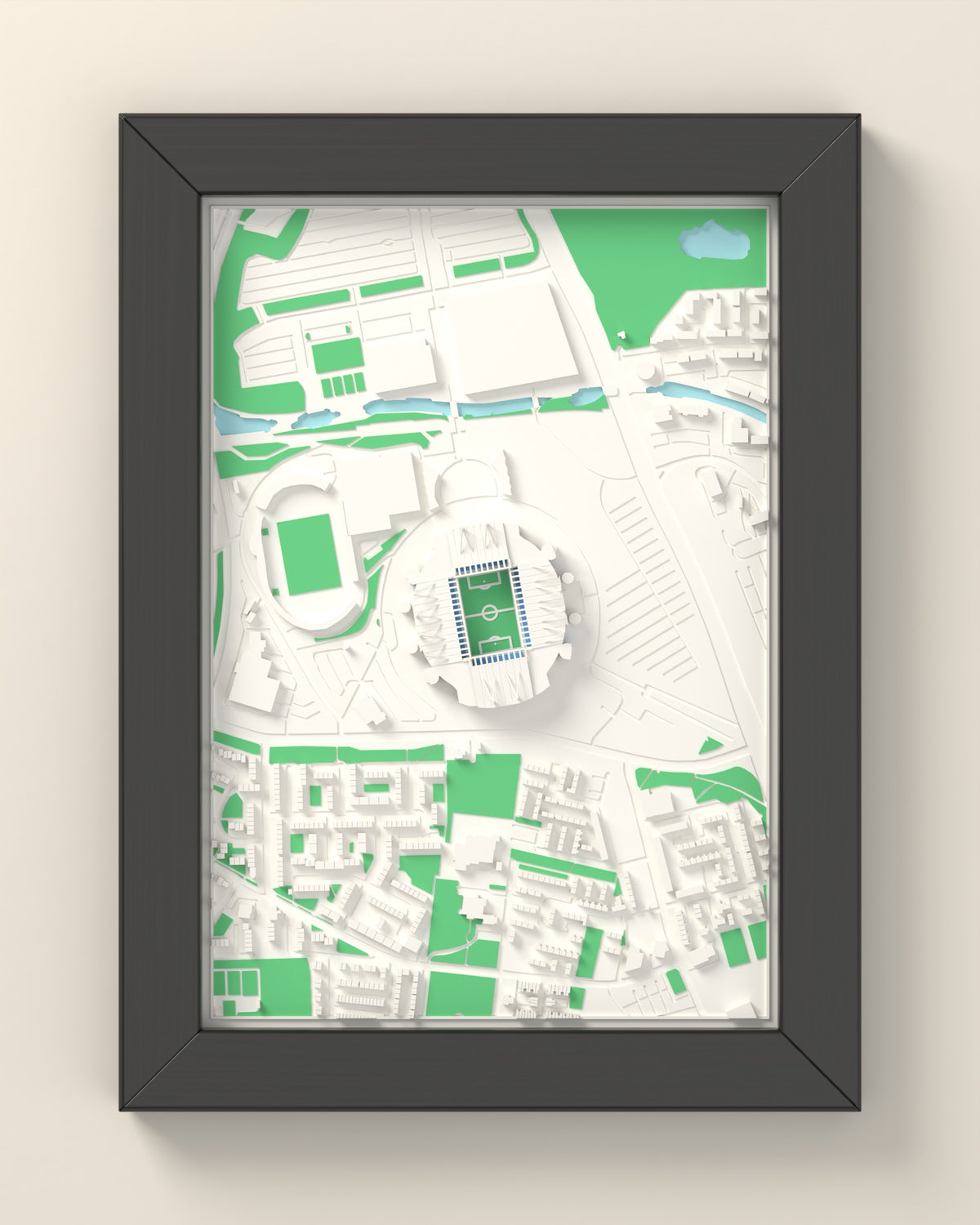 3D Etihad Stadium Map Framed - 3D printed Etihad Stadium map in a black wooden A5 frame, lit from the side