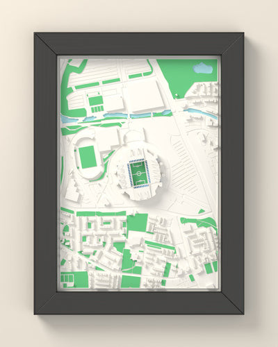 3D Etihad Stadium Map Framed - 3D printed Etihad Stadium map in a black wooden A5 frame, lit from the side
