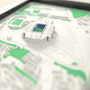 3D Etihad Stadium Map Framed - Close-up across the 3D map showing the Etihad Stadium stands and green pitch standing up from the streets