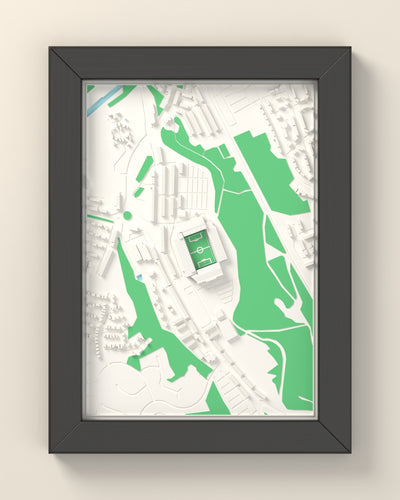 3D Ewood Park Map Framed - 3D printed Ewood Park map in a black wooden A5 frame, lit from the side