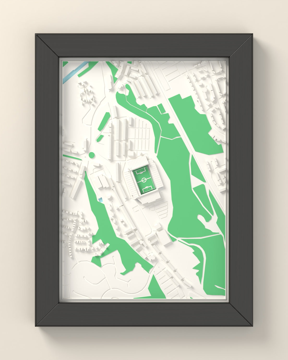 3D Ewood Park Map Framed - 3D printed Ewood Park map in a black wooden A5 frame, lit from the side
