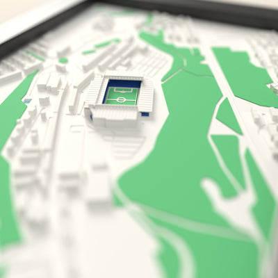 3D Ewood Park Map Framed - Close-up across the 3D map showing the Ewood Park stands and green pitch standing up from the streets