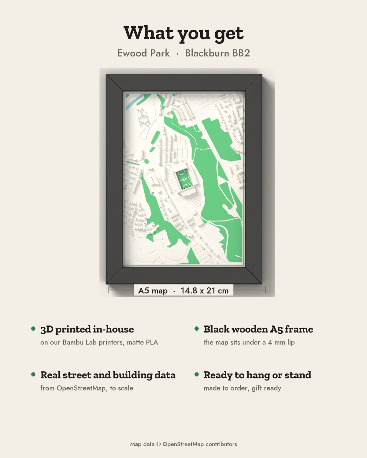 3D Ewood Park Map Framed - What you get: A5 3D stadium map, 14.8 x 21 cm, in a black wooden frame