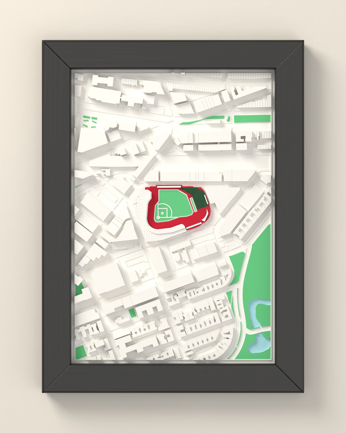 3D Fenway Park Map Framed - 3D printed Fenway Park map in a black wooden A5 frame, lit from the side
