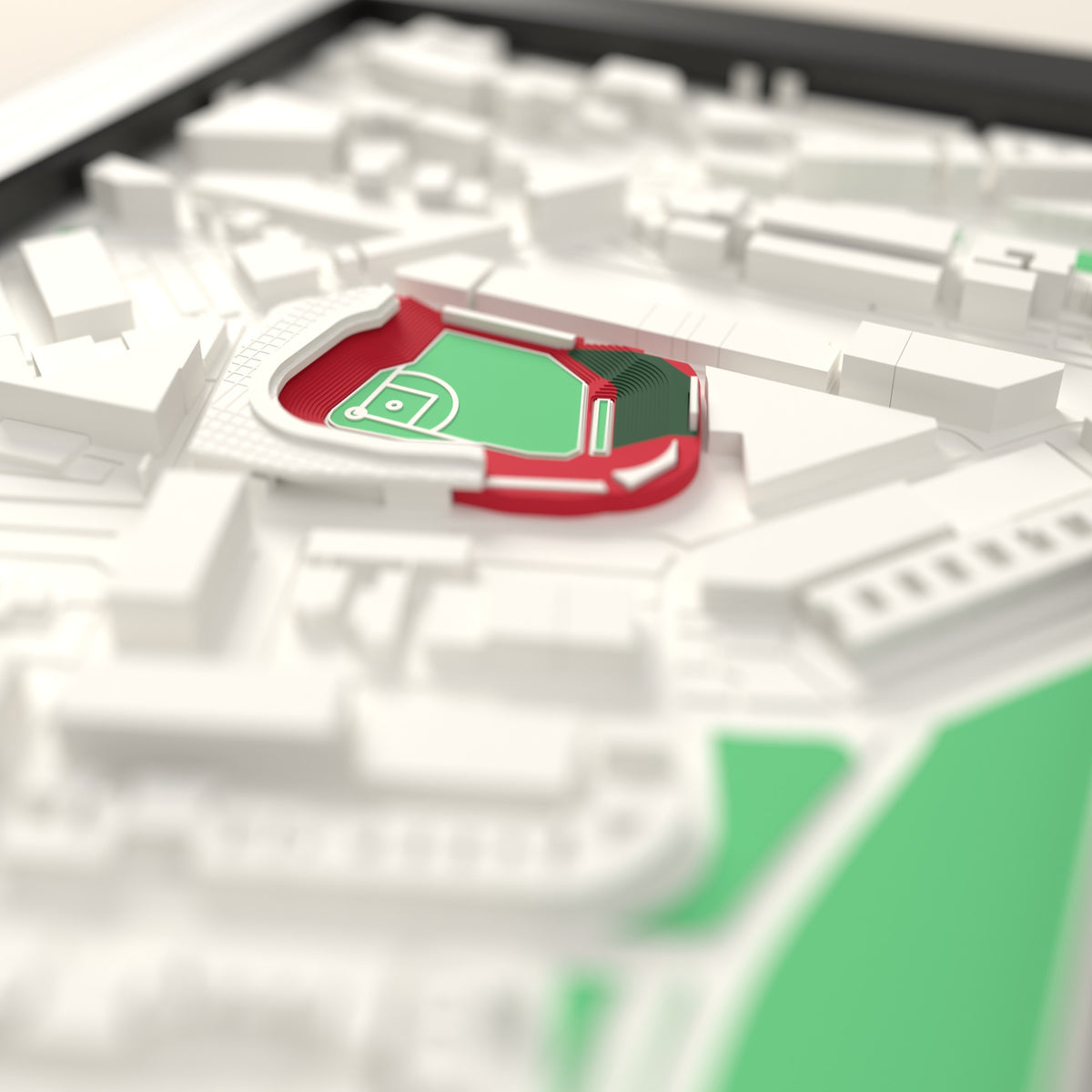 3D Fenway Park Map Framed - Close-up across the 3D map showing the Fenway Park stands and green field standing up from the streets