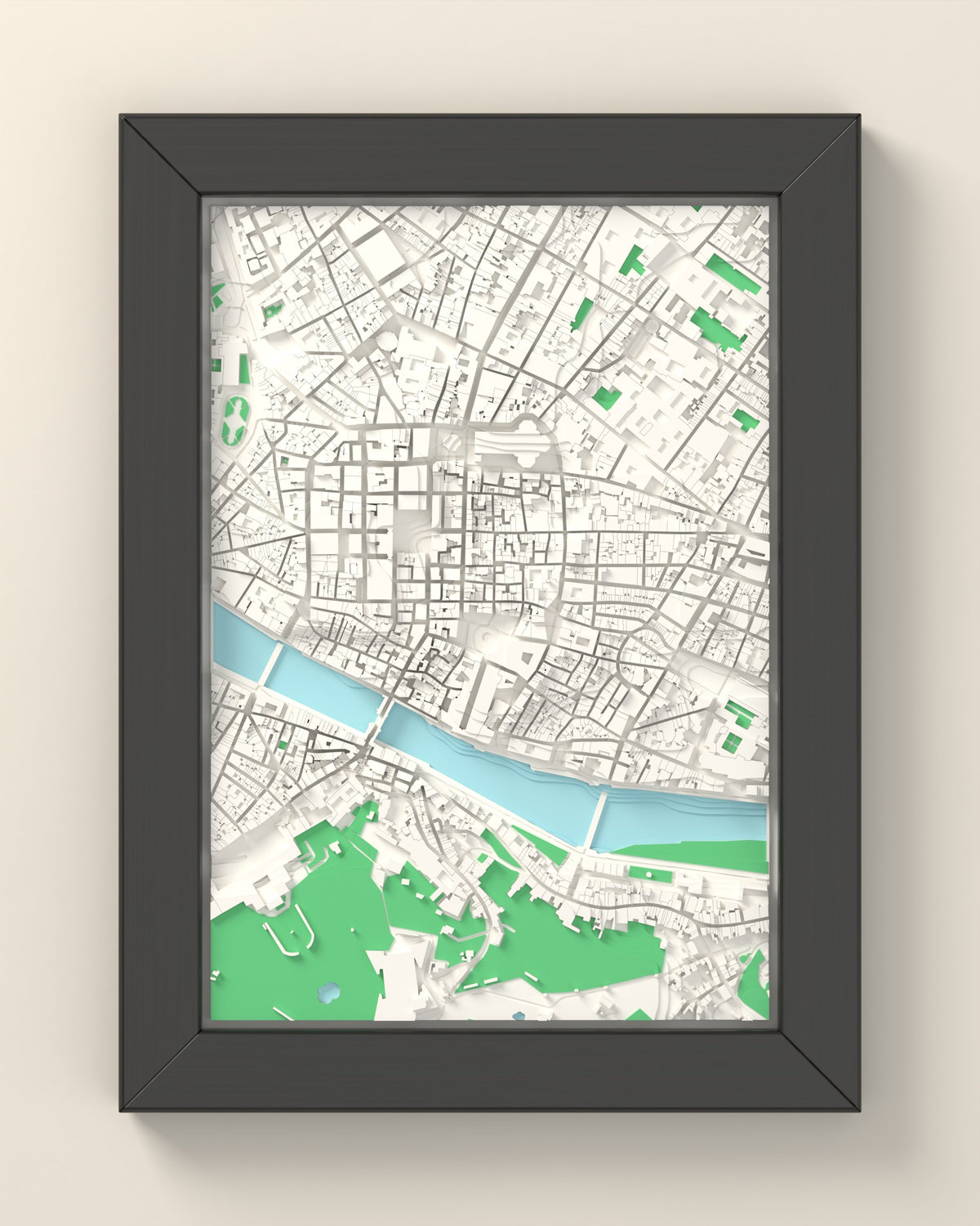 3D Florence Map Framed - 3D printed Florence map in a black wooden A5 frame, lit from the side