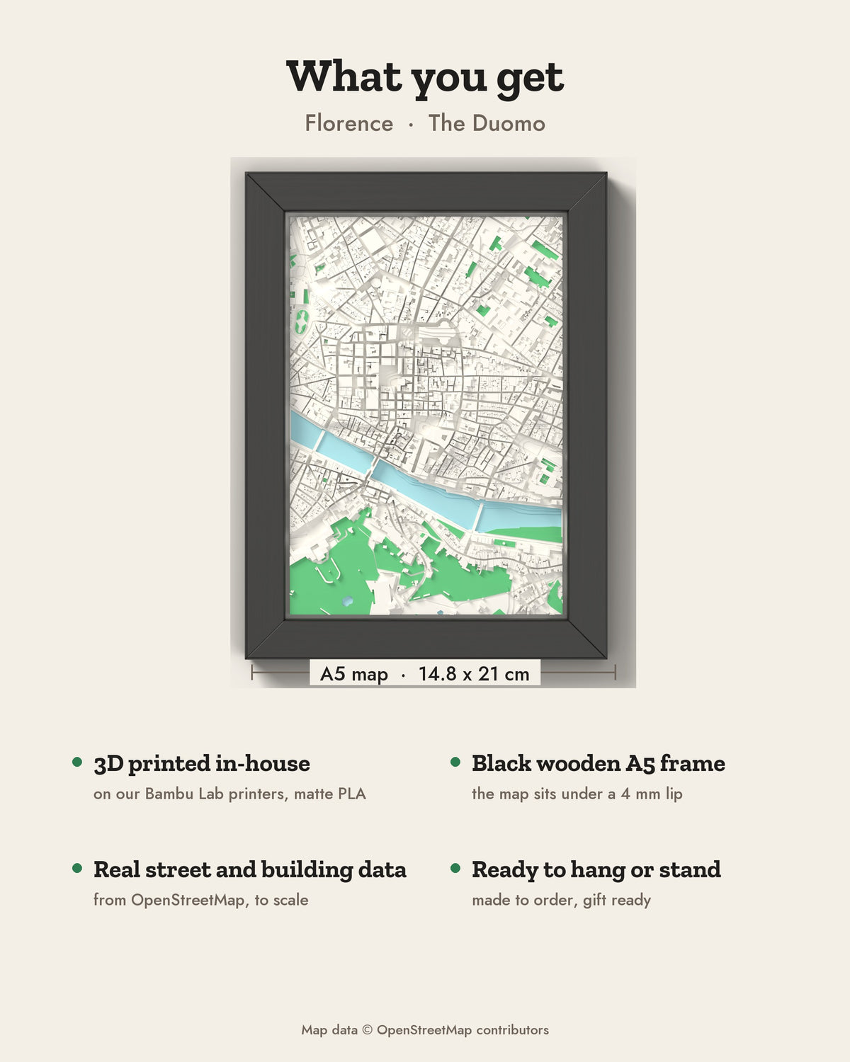 3D Florence Map Framed - What you get: A5 3D city map, 14.8 x 21 cm, in a black wooden frame