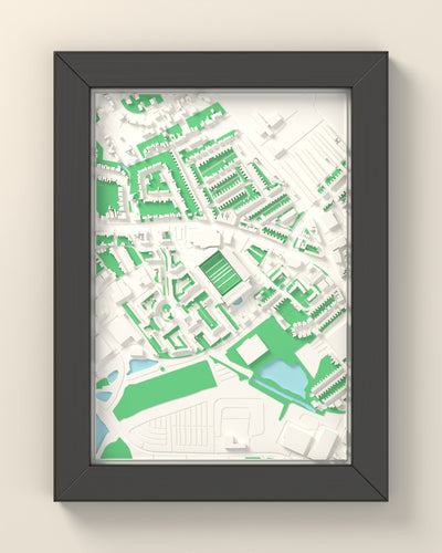 3D Franklin's Gardens Map Framed - 3D printed Franklin's Gardens map in a black wooden A5 frame, lit from the side