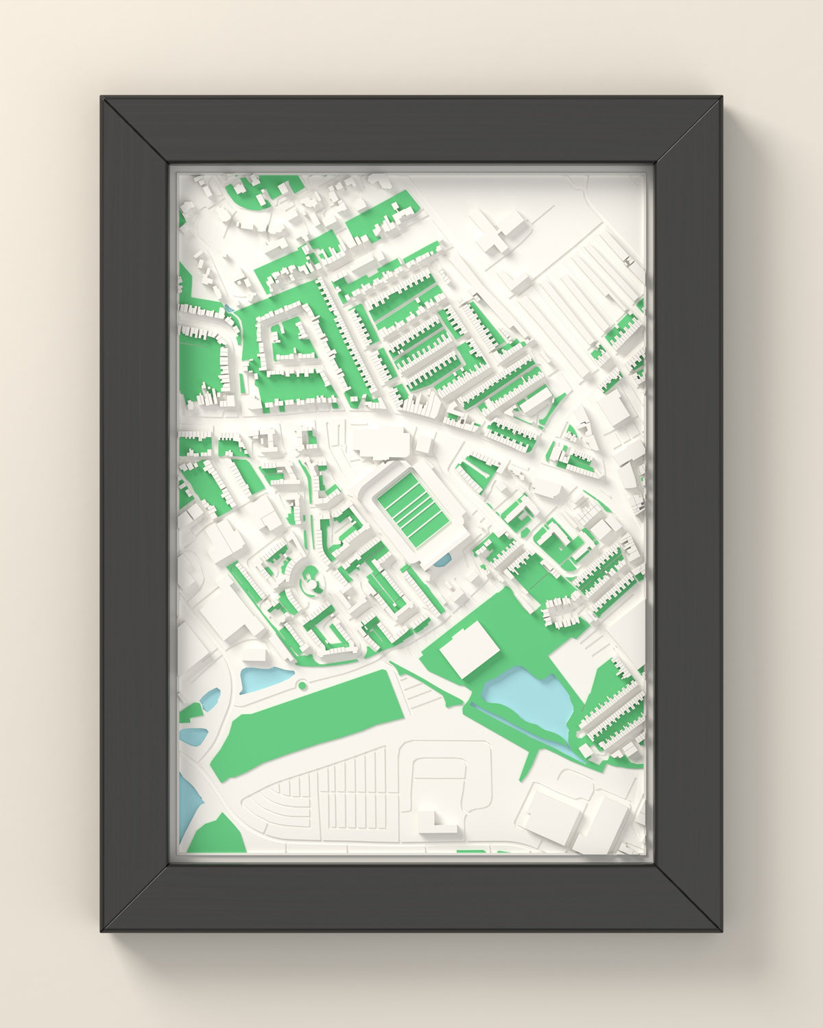 3D Franklin's Gardens Map Framed - 3D printed Franklin's Gardens map in a black wooden A5 frame, lit from the side