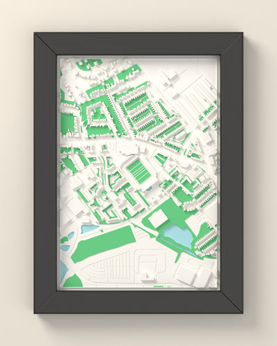 3D Franklin's Gardens Map Framed - 3D printed Franklin's Gardens map in a black wooden A5 frame, lit from the side