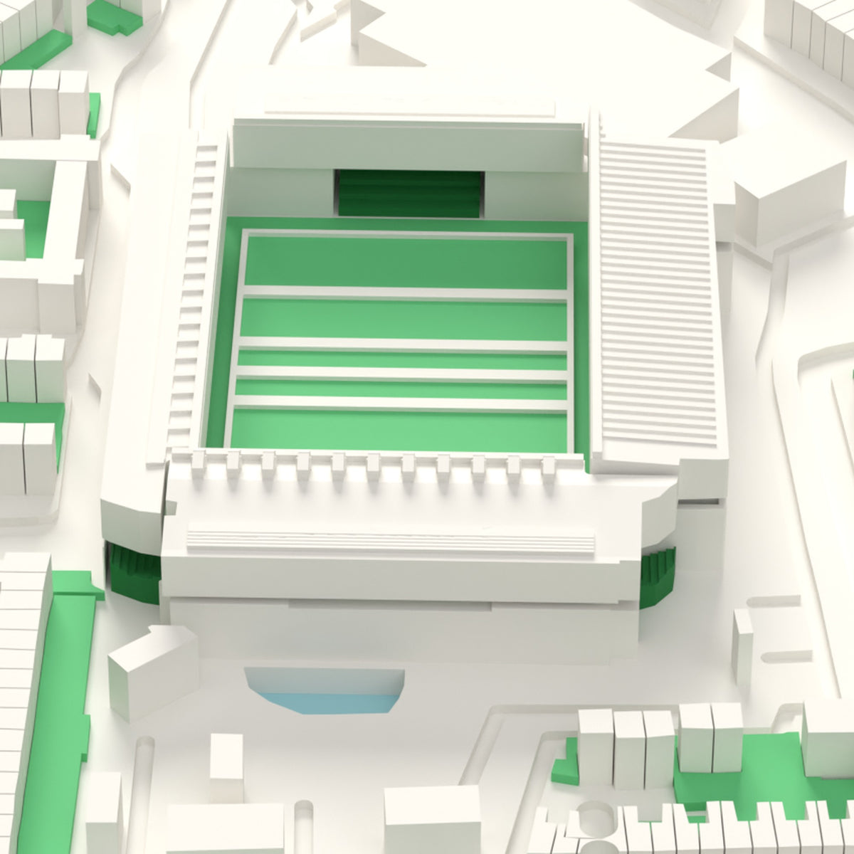 3D Franklin's Gardens Map Framed - Close-up of the 3D printed Franklin's Gardens: the cinch Stand roof spikes, the solar panel rows and the big Carlsberg Stand, green seats