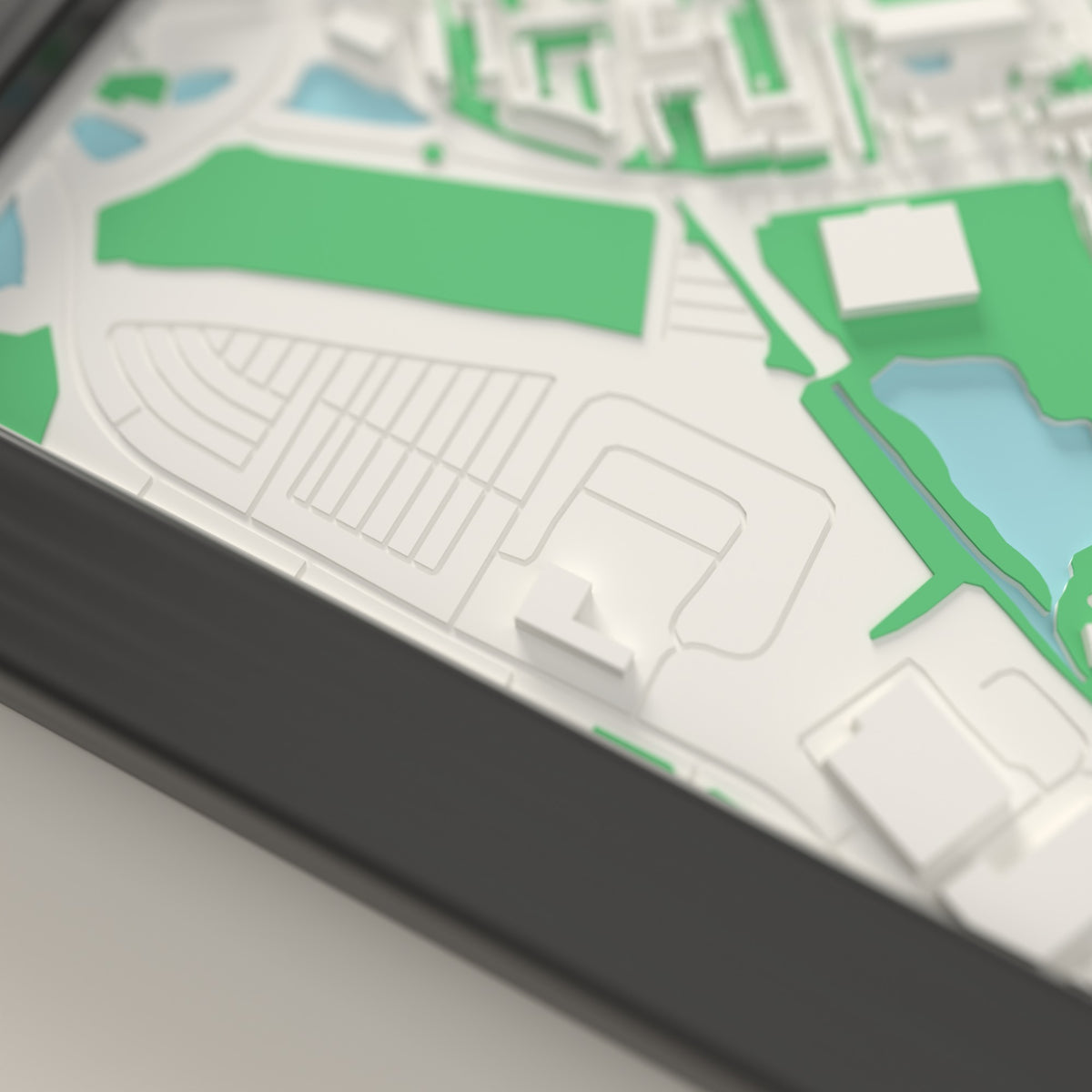3D Franklin's Gardens Map Framed - Close-up of the raised streets and buildings around Franklin's Gardens on the 3D printed map