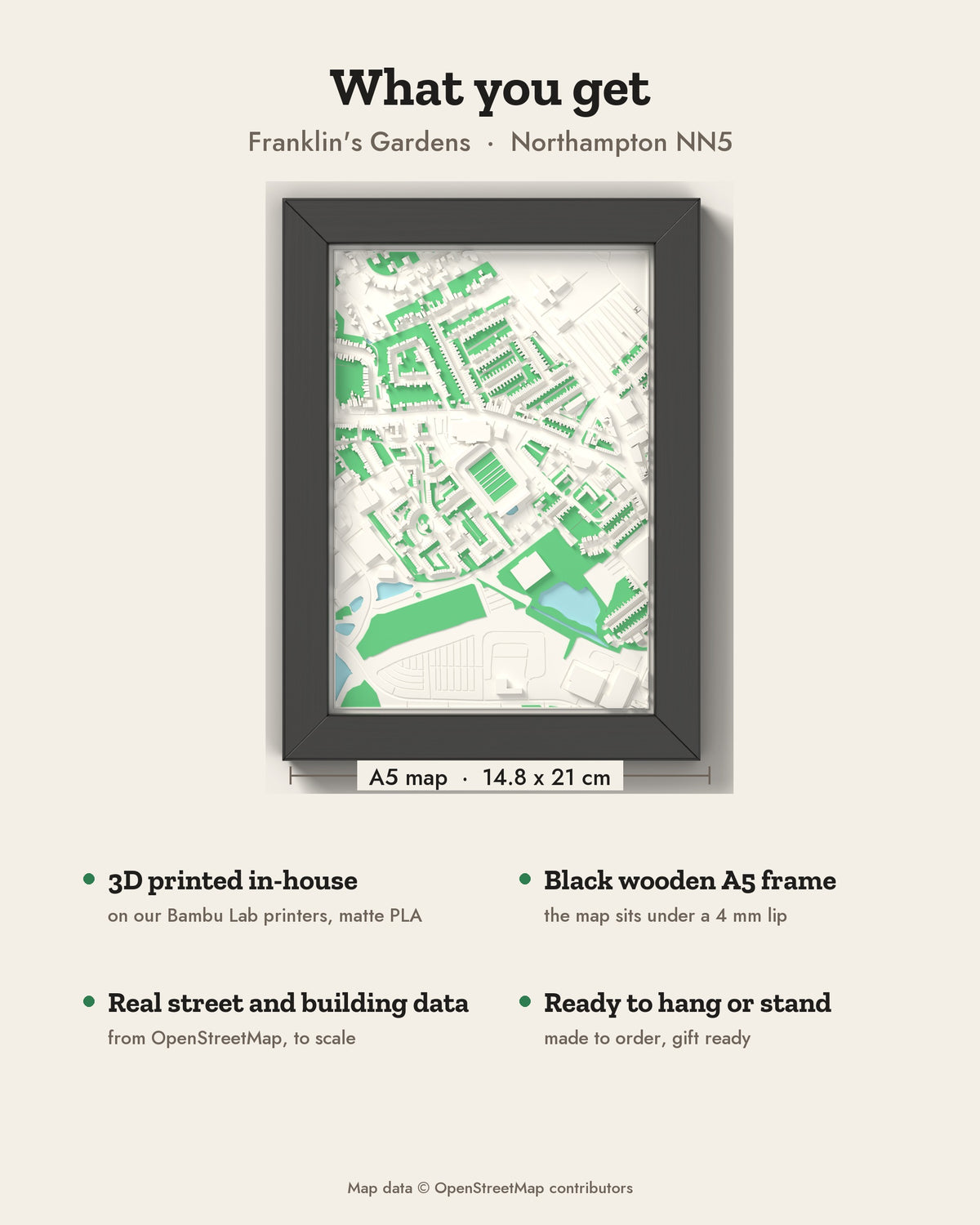 3D Franklin's Gardens Map Framed - What you get: A5 3D stadium map, 14.8 x 21 cm, in a black wooden frame