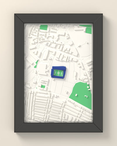 3D Fratton Park Map Framed - 3D printed Fratton Park map in a black wooden A5 frame, lit from the side