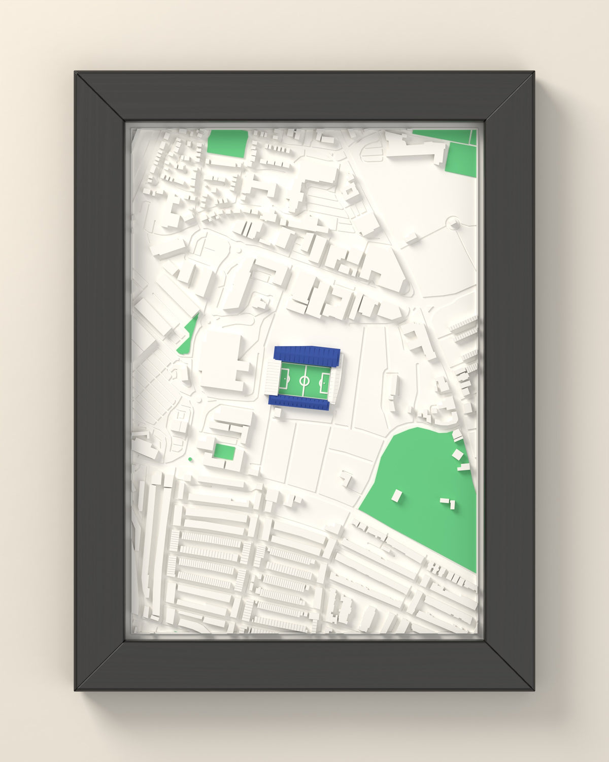 3D Fratton Park Map Framed - 3D printed Fratton Park map in a black wooden A5 frame, lit from the side