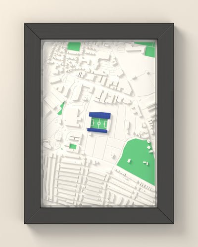 3D Fratton Park Map Framed - 3D printed Fratton Park map in a black wooden A5 frame, lit from the side